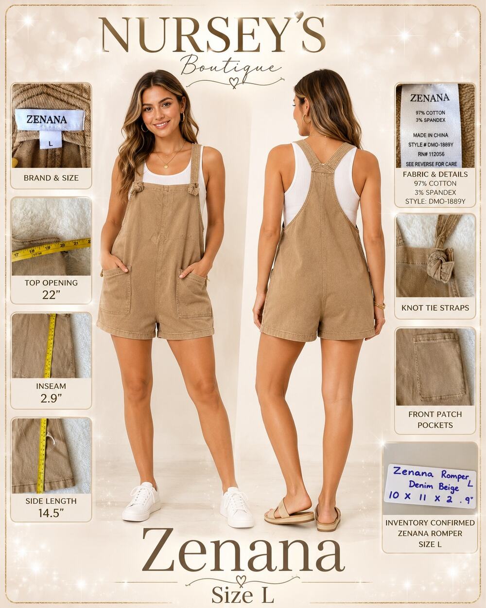Zenana Knot Strap Overall Romper L Tan Utility Shortalls NWT